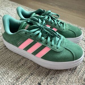 Adidas Green Sneakers with Pink Stripes